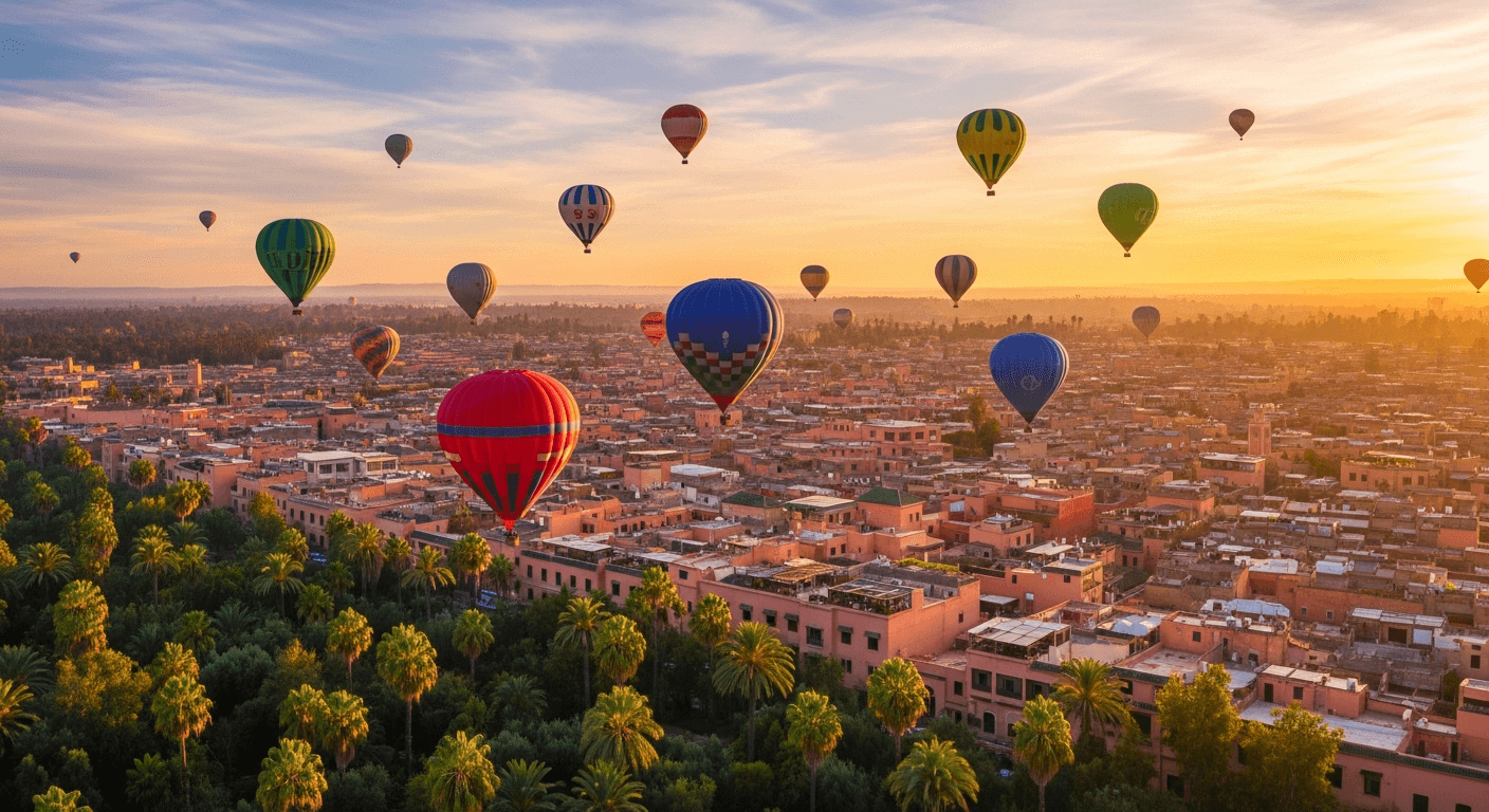 Hot air balloons over Marrakech at sunrise